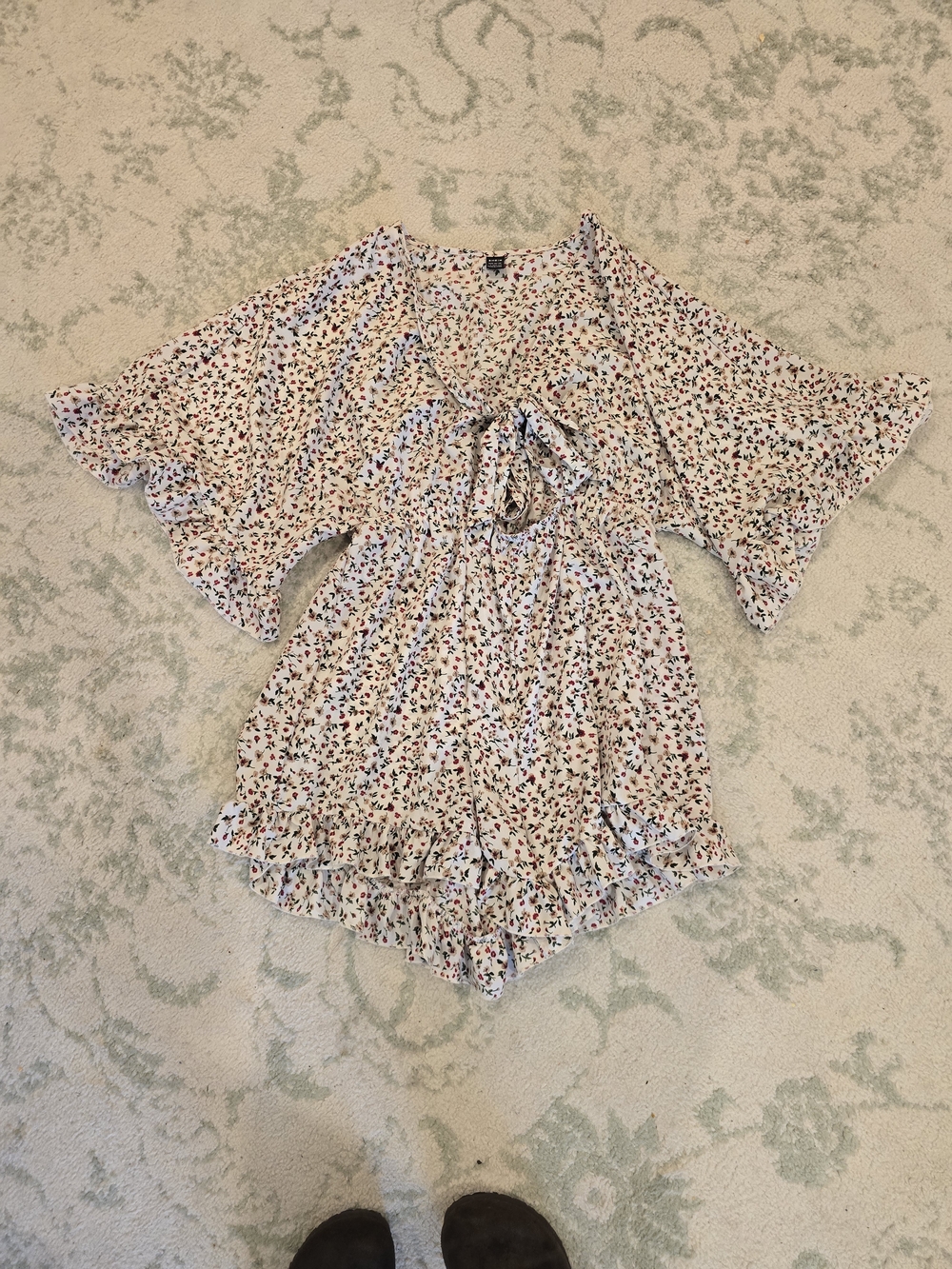 SHEIN Tie Front Cream Floral Romper with Bell Sleeves